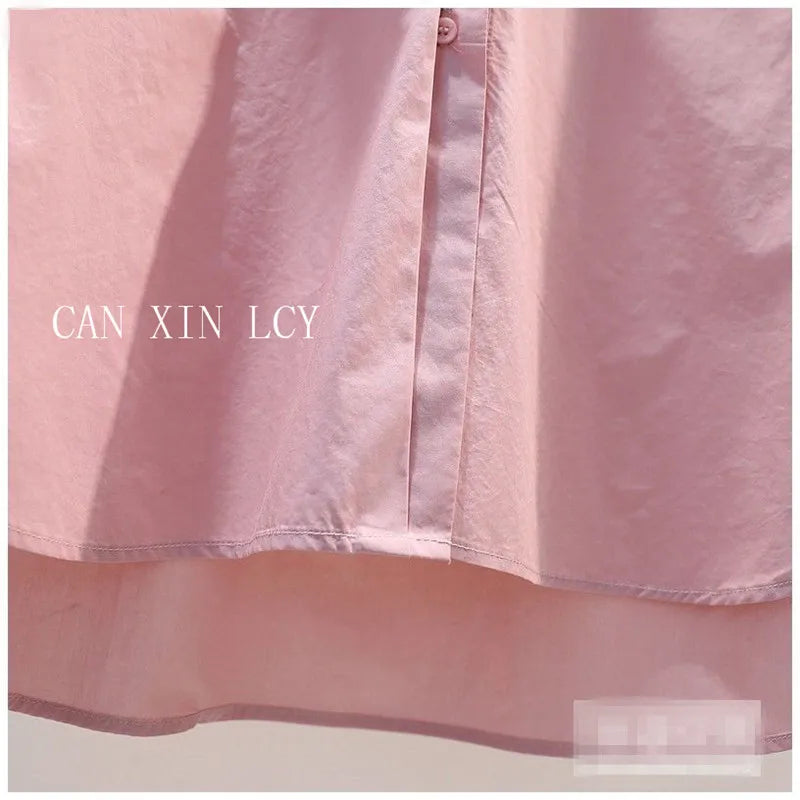 Design Pleated Lace up Long Sleeve Pink Cotton Shirt Women Spring Summer Korean Loose Solid Blouse Chic Elegant Casual Pink Top