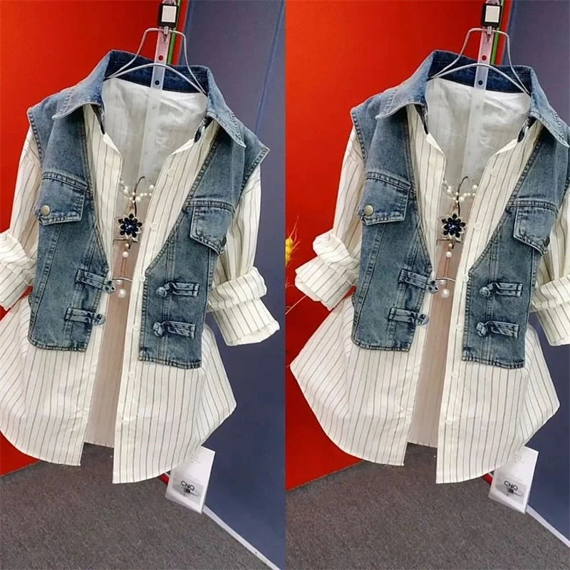 Spring Summer New Fashion Striped Fake Two Denim Shirts Women's Design Sense Stitching Women Jackets Temperament Denim Coat Top