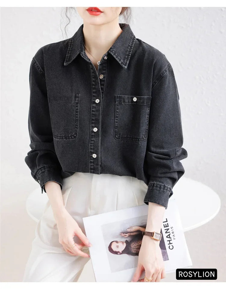 Ladies Black Denim Shirt Women Casual Sun Protection Loose Thin Long-sleeved Cotton Shirt Coat Button Up Top Top Streetwear S-XL