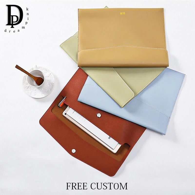 PU Leather Custom Initials A4 Document Bags Portable Luxury Engrave Name Document Pouch Business Office Student Storage Bag