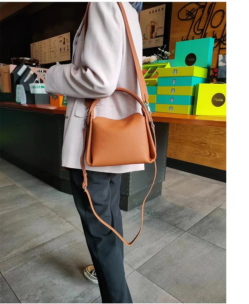 Elegant 100% Natural Togo Cowhide Leather Tote Wide Straps Female Shoulder Bag Grey Black Doctor Bag Luxury Girl Handbag