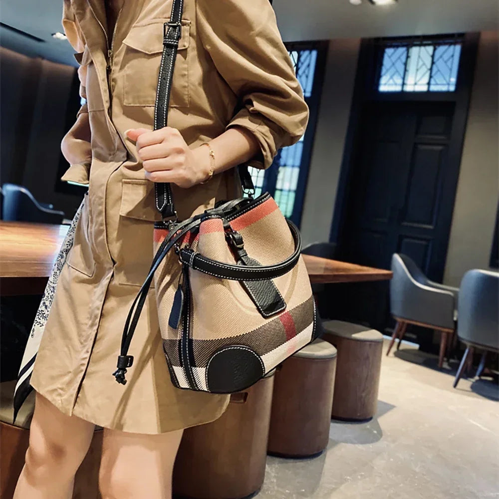 Luxury Plaid Canvas Leather Women‘S Bag Fashion Large Capacity Business Lady Bucket Shoulder Bag Female Drawstring Handbag