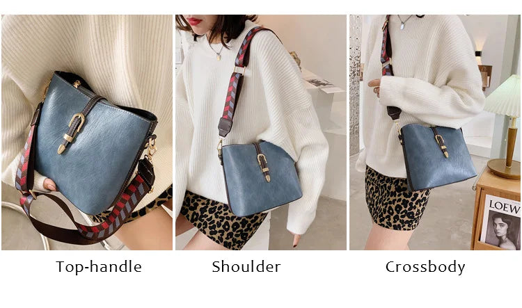 Luxury Female Handbags Wide Strap Bucket Bag for Women High Quality Pu Leather Shoulder Crossbody Bags 2022