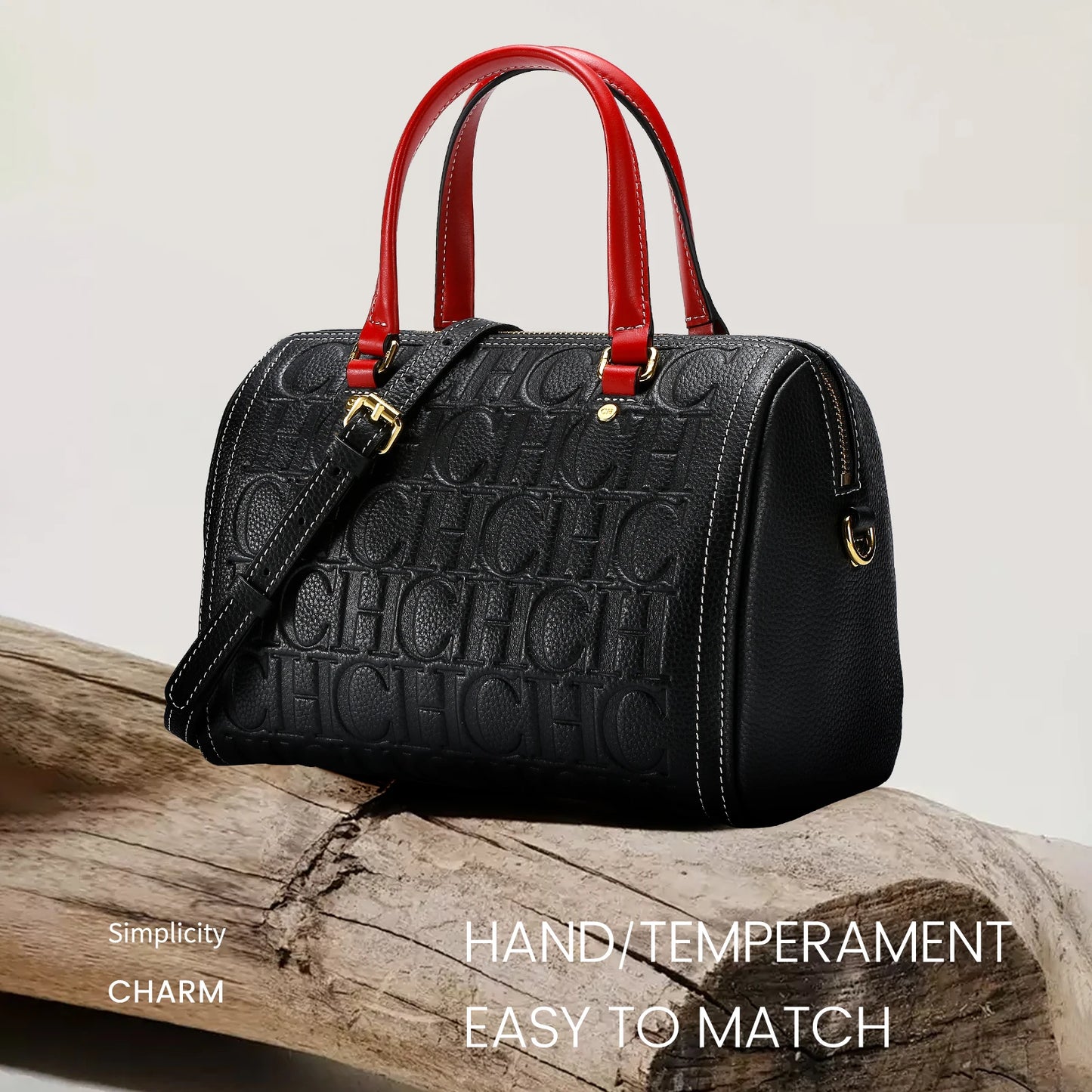 CHCH Women's Shoulder Bag 2024 New Black Cow Leather Letter Embossed Zipper Tote Bag 26*14.5*18cm