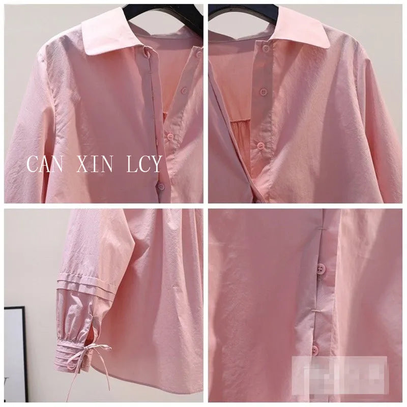 Design Pleated Lace up Long Sleeve Pink Cotton Shirt Women Spring Summer Korean Loose Solid Blouse Chic Elegant Casual Pink Top