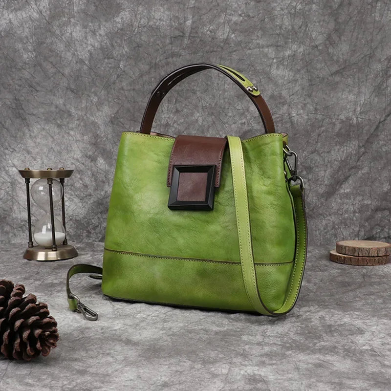 GAGACIA Handmade Green Women's Handbag Retro Genuine Leather Bucket Bag Woman Shoulder Bags Cowhide Luxury Women Brand Handbags