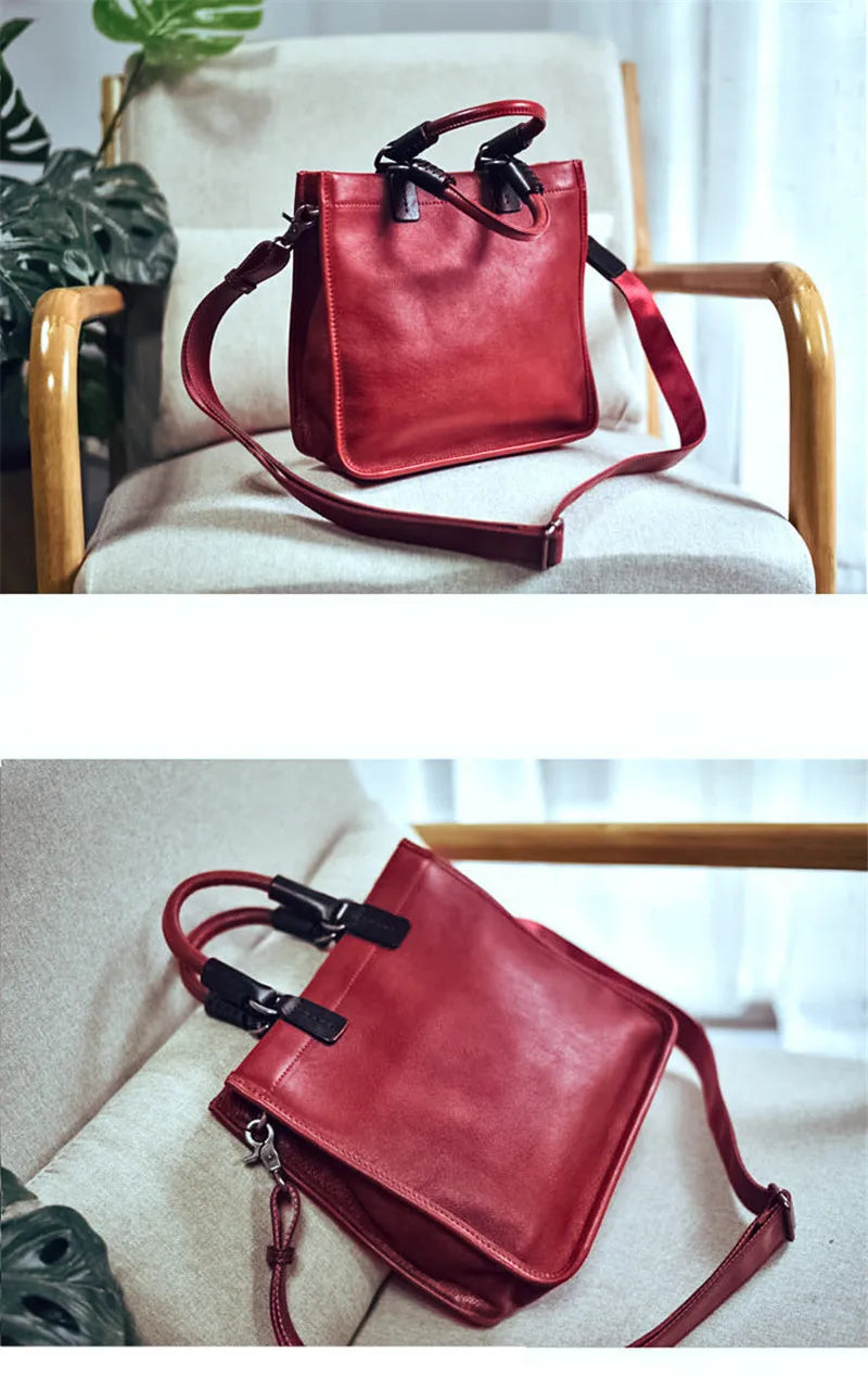 Vintage literary luxury natural genuine leather women's red handbag simple ladies weekend daily party real cowhide shoulder bag