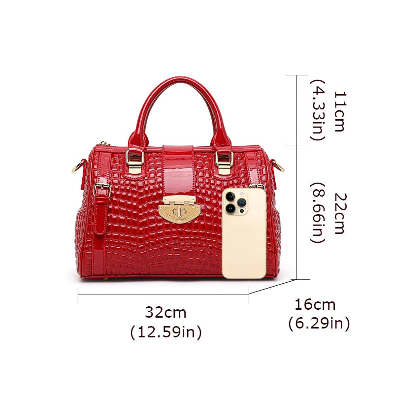 Aidrani Red Crocodile Tail Boston Bag, Fashion Women's Genuine Leather Bag, Cowhide Handbag  Single Shoulder Bag