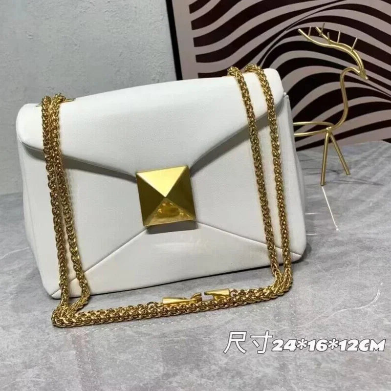 Women's Luxury Designer Handbag Top Quality Genuine Leather Large Rivet Crossbody Shoulder Bag Fashion Chain Square Bag Female