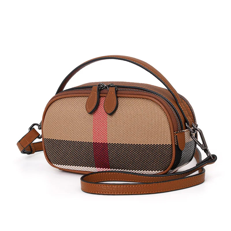 Aidrani  Checkered women's single shoulder crossbody bag, made of canvas cowhide material, round, brown