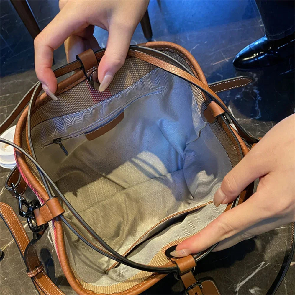 Luxury Plaid Canvas Leather Women‘S Bag Fashion Large Capacity Business Lady Bucket Shoulder Bag Female Drawstring Handbag