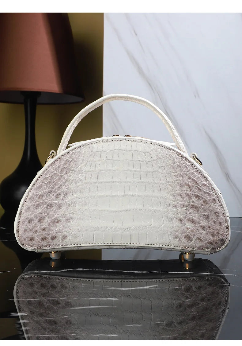 2024 Luxury Crocodile Leather Himalayan White Crossbody Bag For Women's Genuine Leather Half Round Saddle Bag Fashion Handbag 45