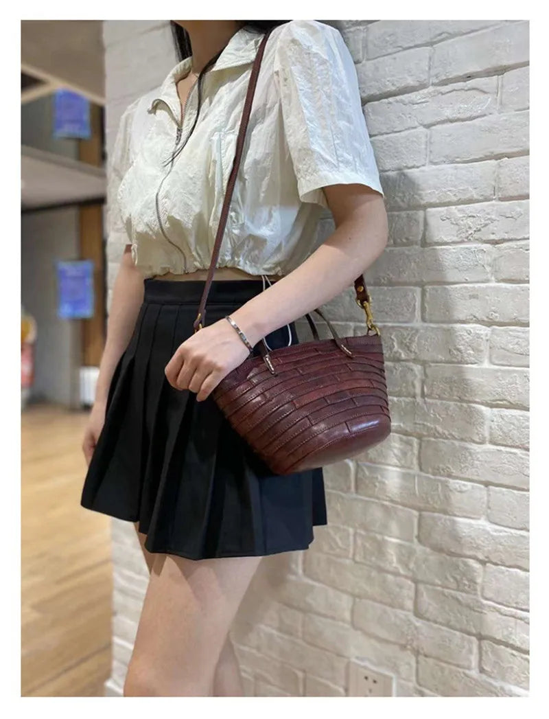 Vintage handmade high quality genuine leather woven women's handbag organizer designer luxury real cowhide female shoulder bag