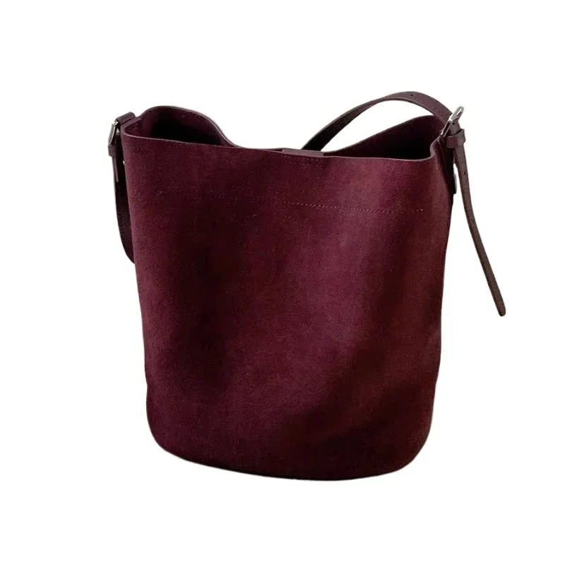 Maillard Design Simple Luxury Coffee Wine Red Bucket Tote Winter Thick Matte Suede Cow Leather Women Crossbodby Shoulder Bag