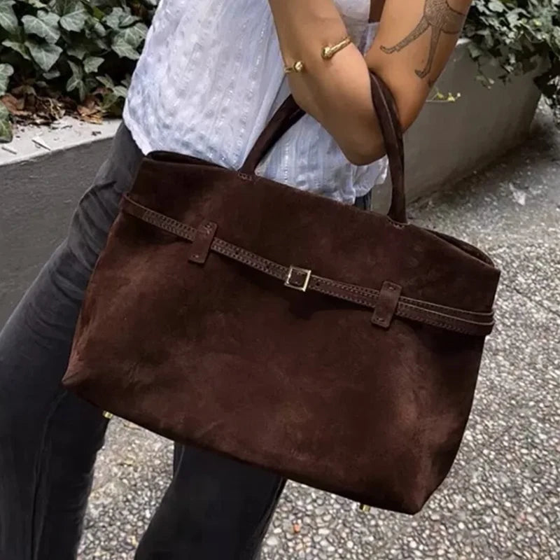 Faux Suede Tote Bags For Women Luxury Designer Handbags Purses 2024 New In Vintage Belt Buckle Large Capacity Underarm Shoulder