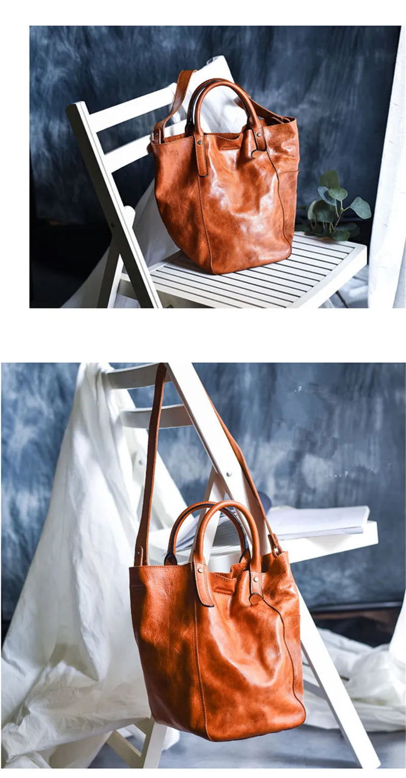 Fashion simple genuine leather women's tote bag designer vintage luxury real cowhide ladies weekend party shopping shoulder bag