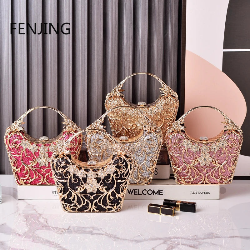 Hollow Out Metal Evening Bags Fashion Shiny Party Banquet Handbags Female Luxury Clutch Purse Bolso Mujer Chain Shoulder Bag