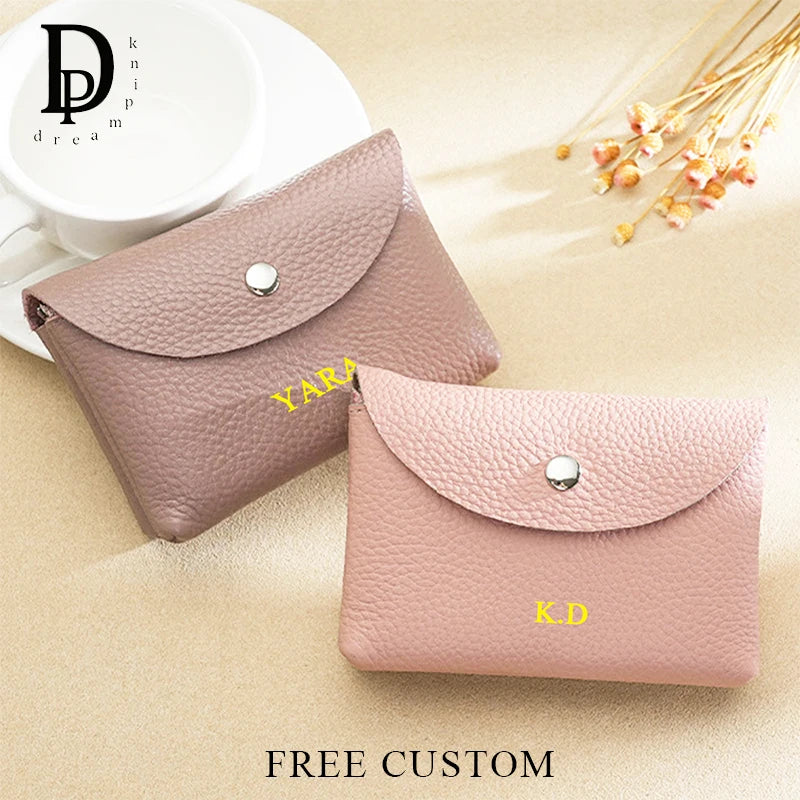 Genuine Leather Luxury Coin Purse Custom Name Woman Man Business Zipper Card Wallet Engrave Initials Card Holder Wedding Gift