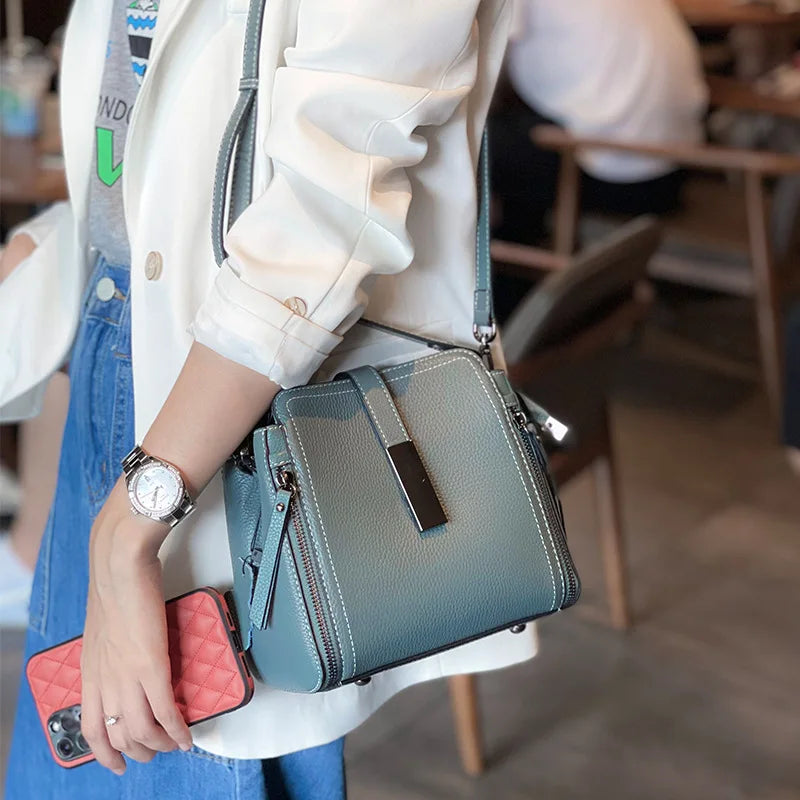 Spring Zipper Design Denim Blue Small Tote Bag Classic 100% Genuine Leather Women's Hand Bag Ladies Crossbody Shoulder Bag