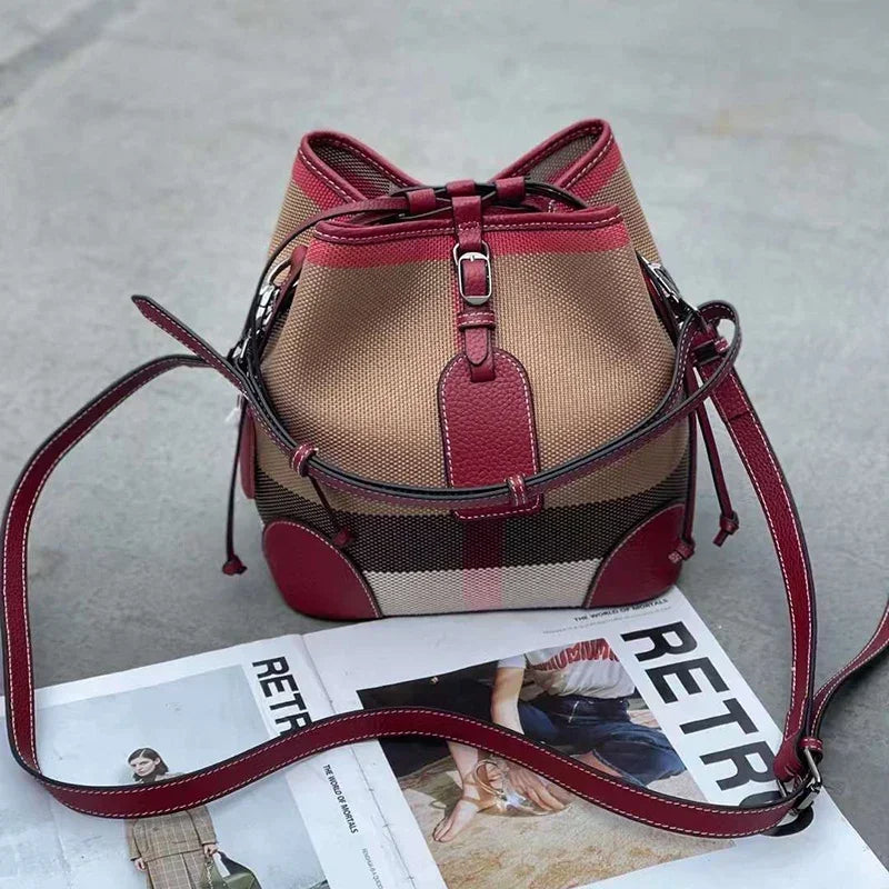 Luxury Plaid Canvas Leather Women‘S Bag Fashion Large Capacity Business Lady Bucket Shoulder Bag Female Drawstring Handbag