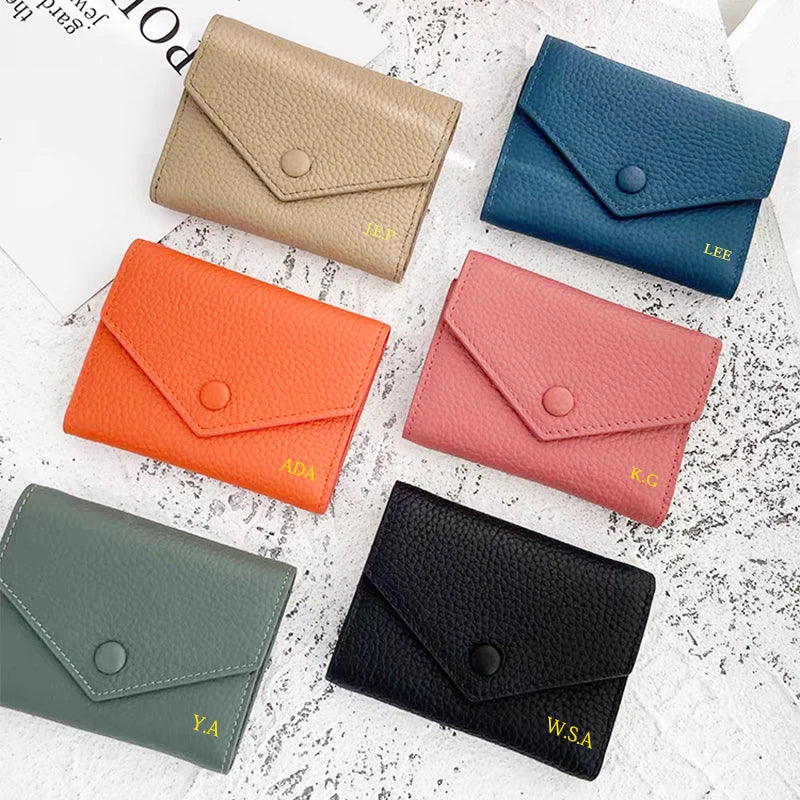 Luxury Designer Woman's Wallet Envelope Folding Coin Purse Custom Name Fashion Card Holder Genuine Leather Cowhide Money Clip