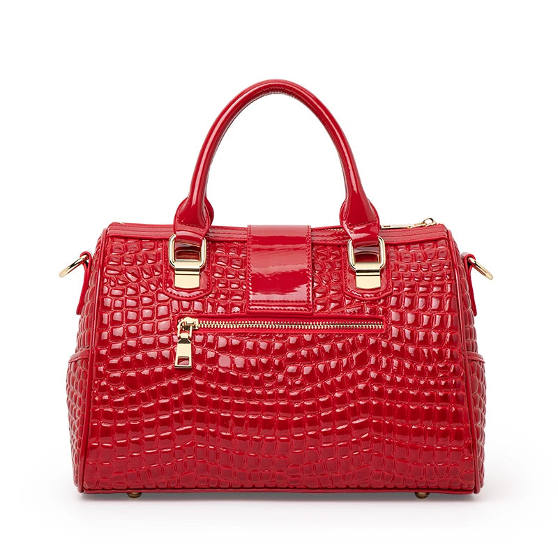 Aidrani Red Crocodile Tail Boston Bag, Fashion Women's Genuine Leather Bag, Cowhide Handbag  Single Shoulder Bag