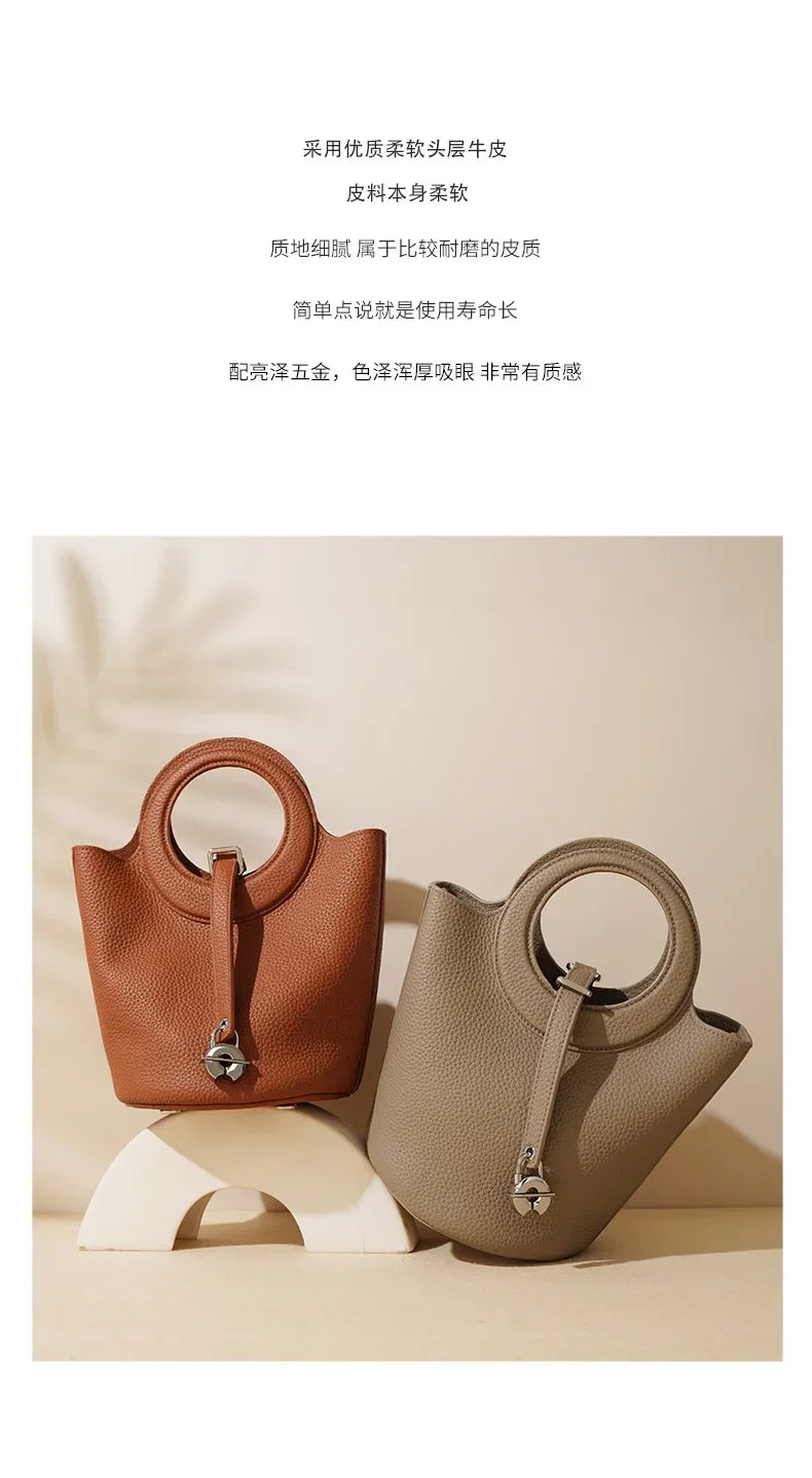 Genuine Leather Women's Small Bucket Bag Vegetable Basket Head Layer Cowhide New Handbag Shoulder Crossbody Luxury Designer 2025