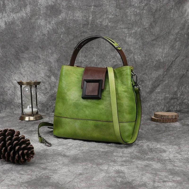 GAGACIA Handmade Green Women's Handbag Retro Genuine Leather Bucket Bag Woman Shoulder Bags Cowhide Luxury Women Brand Handbags