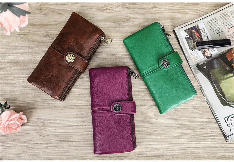 YKOSM Long Women Airtag Wallet Luxury Genuine Leather Zipper Purse Lady RFID Blocking ID Credit Card Bag Anti-lost Card Holder