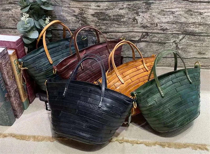 Vintage handmade high quality genuine leather woven women's handbag organizer designer luxury real cowhide female shoulder bag