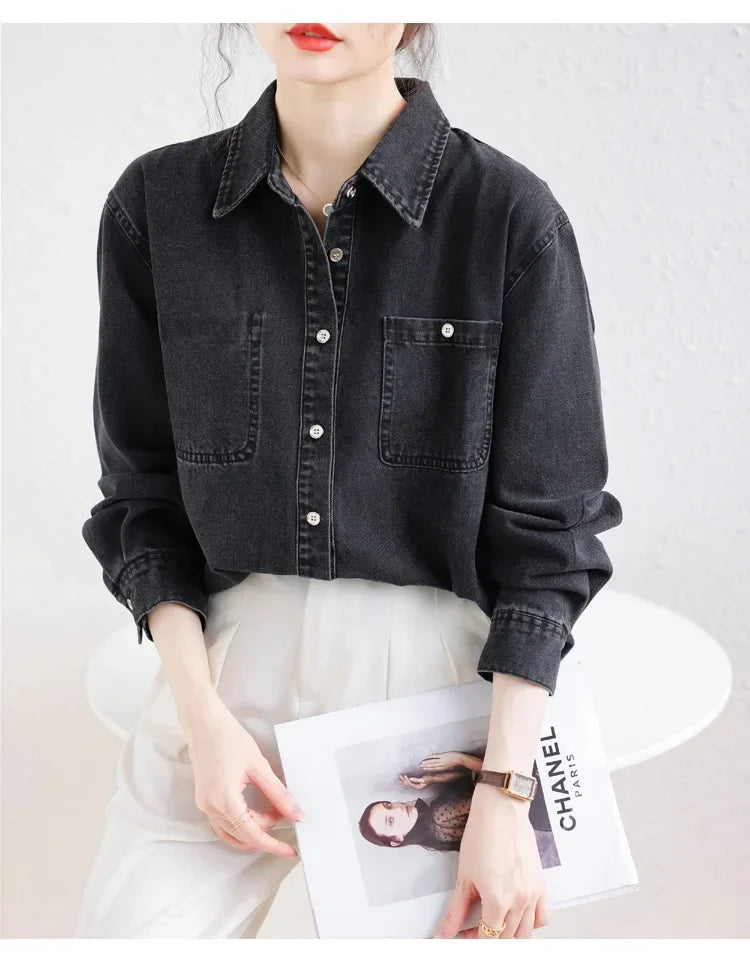 Ladies Black Denim Shirt Women Casual Sun Protection Loose Thin Long-sleeved Cotton Shirt Coat Button Up Top Top Streetwear S-XL