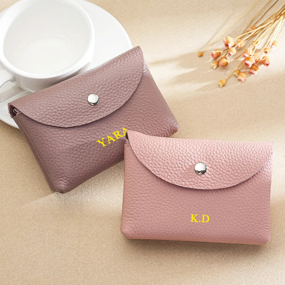 Genuine Leather Luxury Coin Purse Custom Name Woman Man Business Zipper Card Wallet Engrave Initials Card Holder Wedding Gift