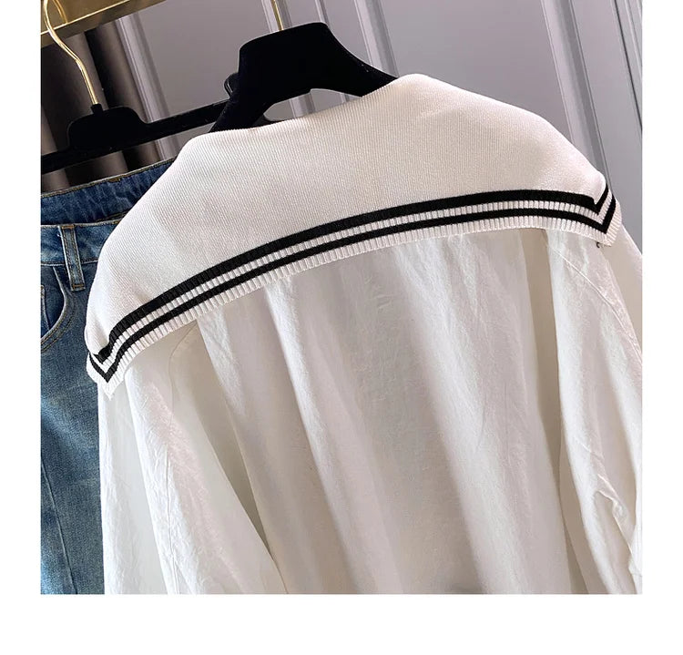 Spring 2024 Summer Preppy Style Women's Shirts Loose Plus Size Sailor Collar Lady White Color Tops Long Sleeve Female Blouse K96