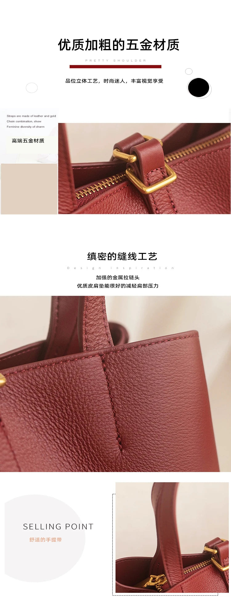 Elegant Wearing Burgundy Color Multi-compartments Tote Natural Cow Leather Women Shoulder Bag Soft Cowskin Female Handbag