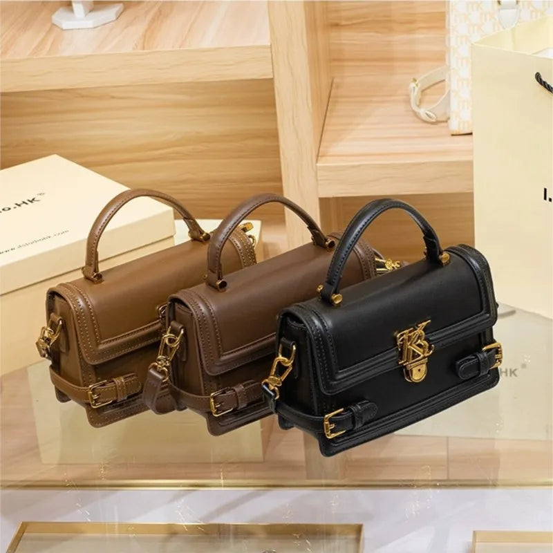 Luxury Women's Genuine Leather Handheld Small Square Bag with Advanced Texture Retro Bag 2024 New Designer One Shoulder Crossbod