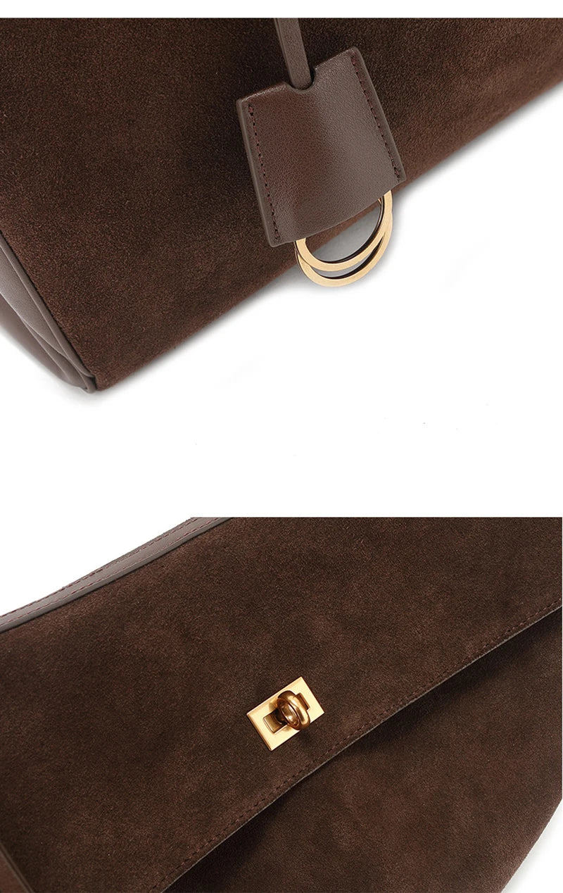 2024 Winter Fashion Gold Buckle Women Handbags Genuine Leather Brown Suede Women Shoulder Bags Luxury Brand Rodeo Women Totes