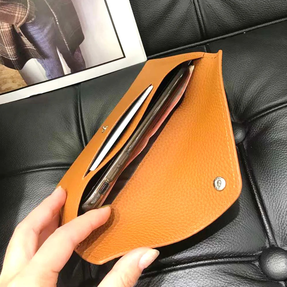 Envelope Long Women Wallet Slim Genuine Leather Female Phone Hand Purse Luxury Cowhide Classic Clutch Bag Card Holder Wallet