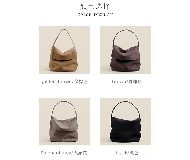 Winter Glossy Smooth Velvet Suede Cow Leather Cover Tote Bag Large Coffee Camel Color Women Armpit Shoulder Bag Chamois Handbag