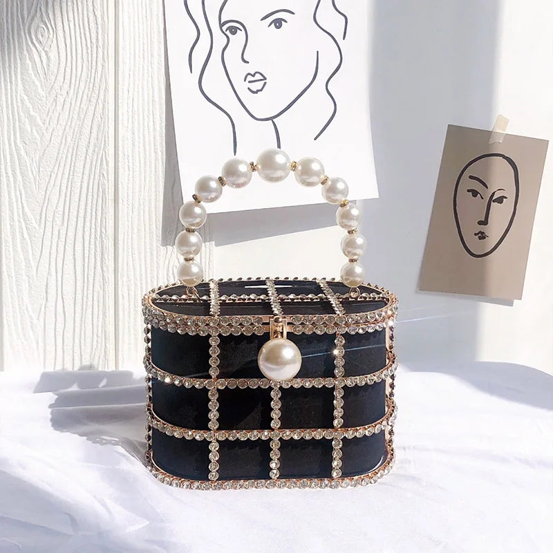 Diamonds Basket Evening Clutch Bags Women Luxury Hollow Out Pearl Beaded Metallic Cage Handbags Ladies Wedding Party Purse