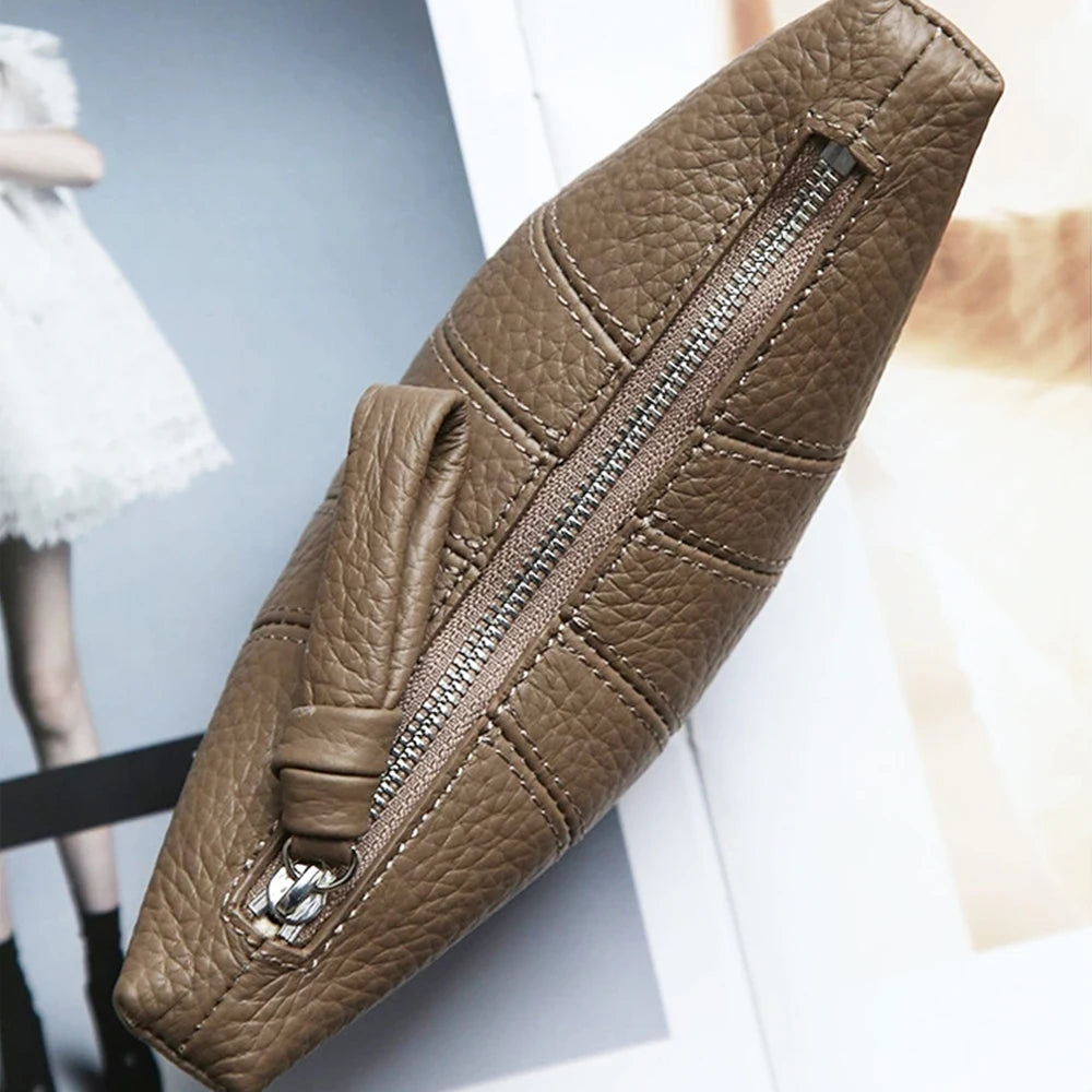 Luxury Genuine Leather Coin Purse Woman Croissant Portable Zip Clutch Bags Cowhide Card Wallet Key Lipstick Cosmetic Storage Bag