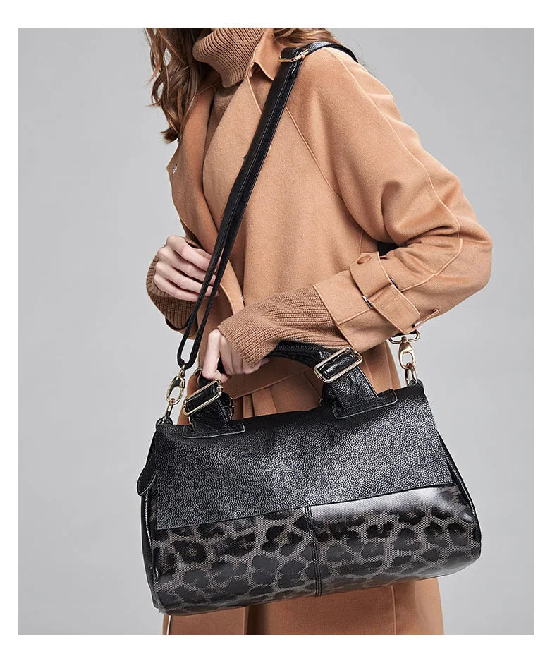 The fashionable leopard print women's handbag is made of high-quality cowhide and is a large and beautiful bag