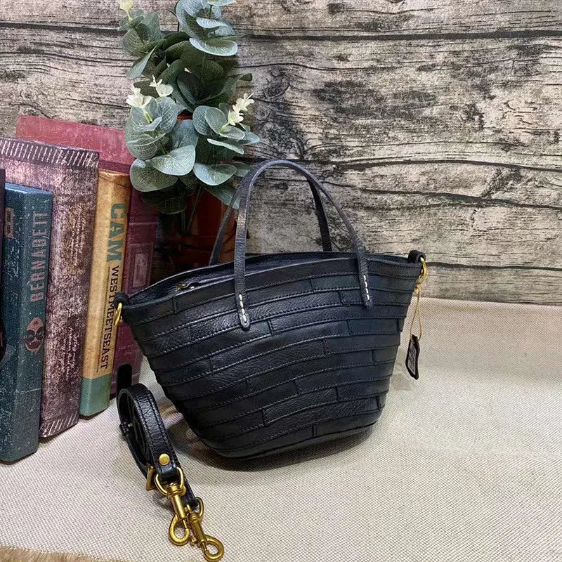 Vintage handmade high quality genuine leather woven women's handbag organizer designer luxury real cowhide female shoulder bag