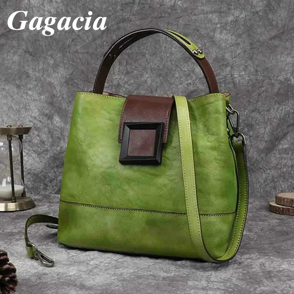 GAGACIA Handmade Green Women's Handbag Retro Genuine Leather Bucket Bag Woman Shoulder Bags Cowhide Luxury Women Brand Handbags