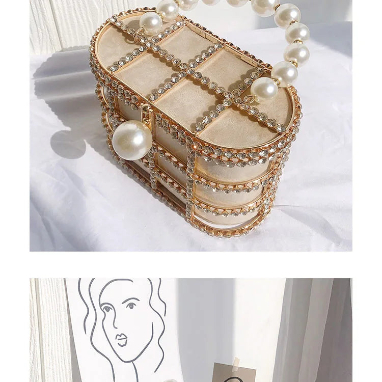 Diamonds Basket Evening Clutch Bags Women Luxury Hollow Out Pearl Beaded Metallic Cage Handbags Ladies Wedding Party Purse