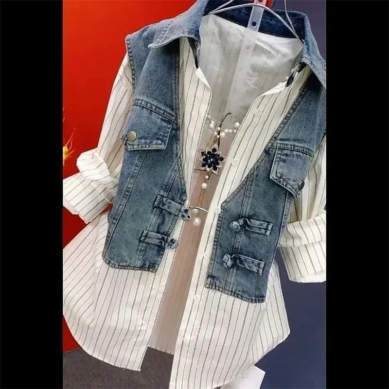 Spring Summer New Fashion Striped Fake Two Denim Shirts Women's Design Sense Stitching Women Jackets Temperament Denim Coat Top