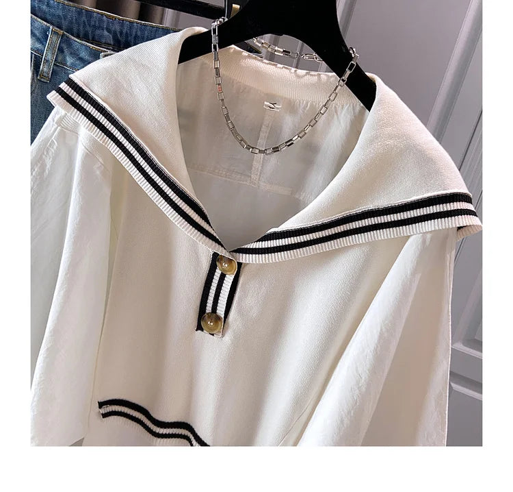 Spring 2024 Summer Preppy Style Women's Shirts Loose Plus Size Sailor Collar Lady White Color Tops Long Sleeve Female Blouse K96