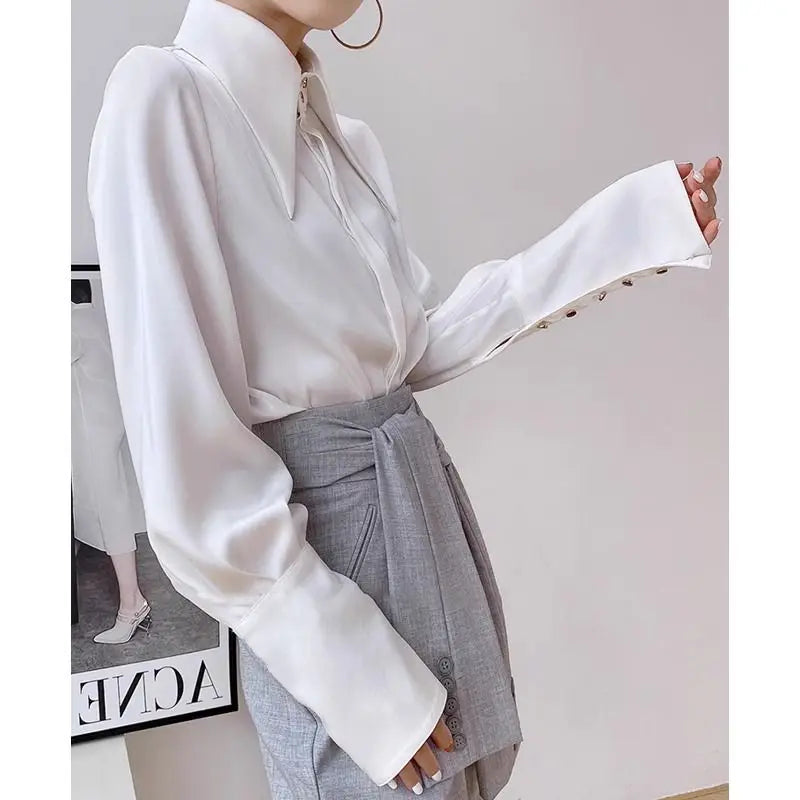 QWEEK Office Elegant White Women's Shirt Chic Luxury Solid Color Loose Blouse Long Sleeve Minimalist Button Up Clothes Autumn