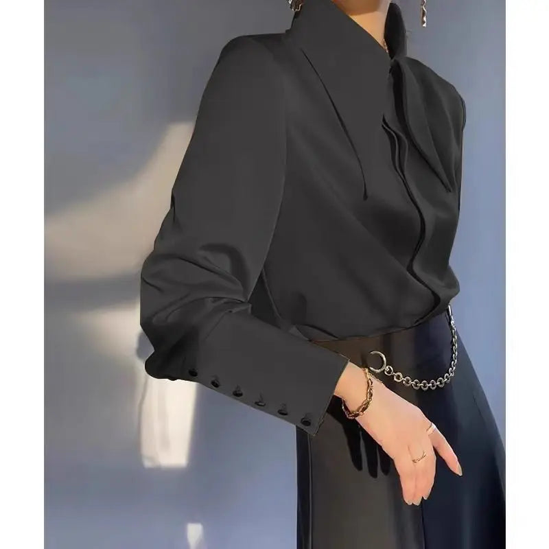 QWEEK Office Elegant White Women's Shirt Chic Luxury Solid Color Loose Blouse Long Sleeve Minimalist Button Up Clothes Autumn