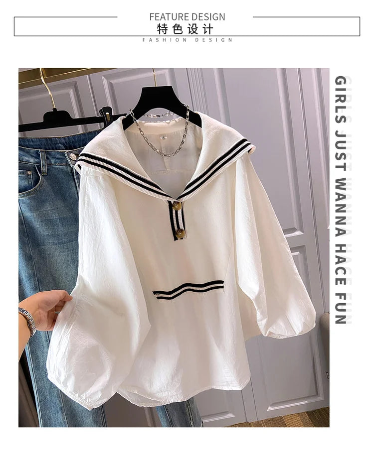 Spring 2024 Summer Preppy Style Women's Shirts Loose Plus Size Sailor Collar Lady White Color Tops Long Sleeve Female Blouse K96