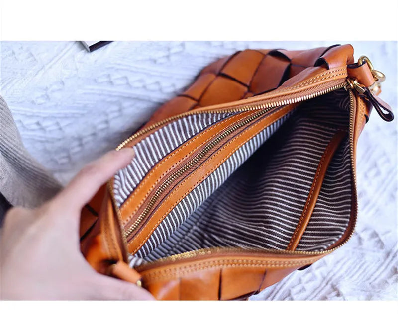 PNDME designer luxury genuine leather woven women's crossbody bag outdoor casual high quality real cowhide female shoulder bag